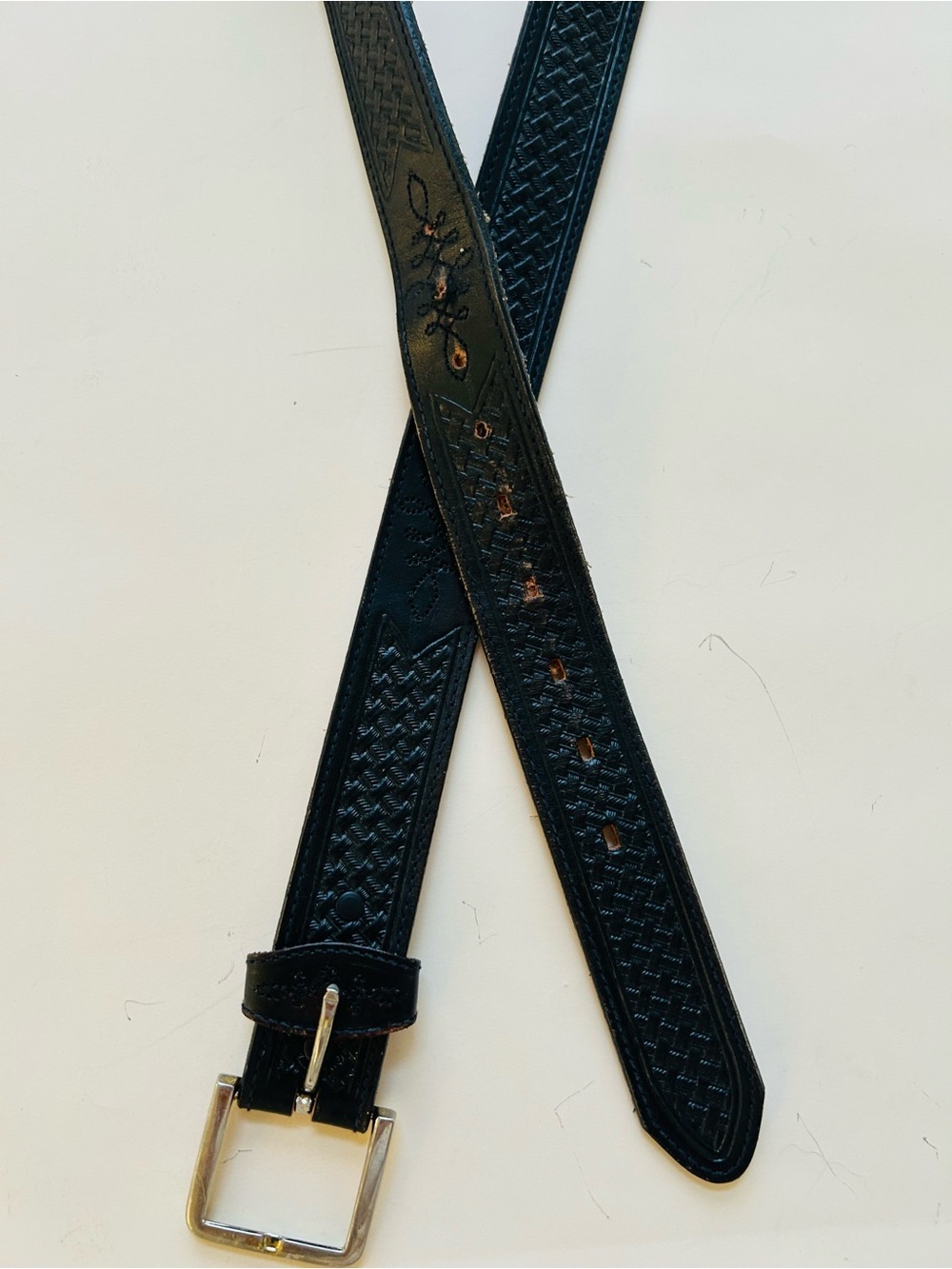 Silver creek Men’s Black Woven Leather Belt with Silver Buckle size 50